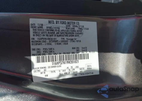 2009 Ford Focus Sel z USA, uszkodzony, nr VIN 1FAHP37N19W201021